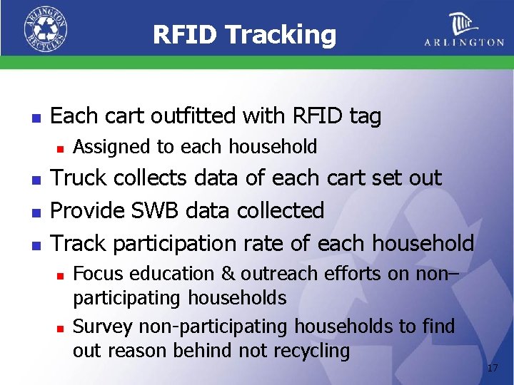 RFID Tracking n Each cart outfitted with RFID tag n n Assigned to each