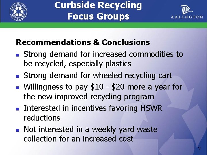 Curbside Recycling Focus Groups Recommendations & Conclusions n Strong demand for increased commodities to