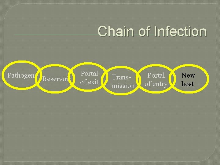 Chain of Infection Pathogen Reservoir Portal of exit Transmission Portal of entry New host
