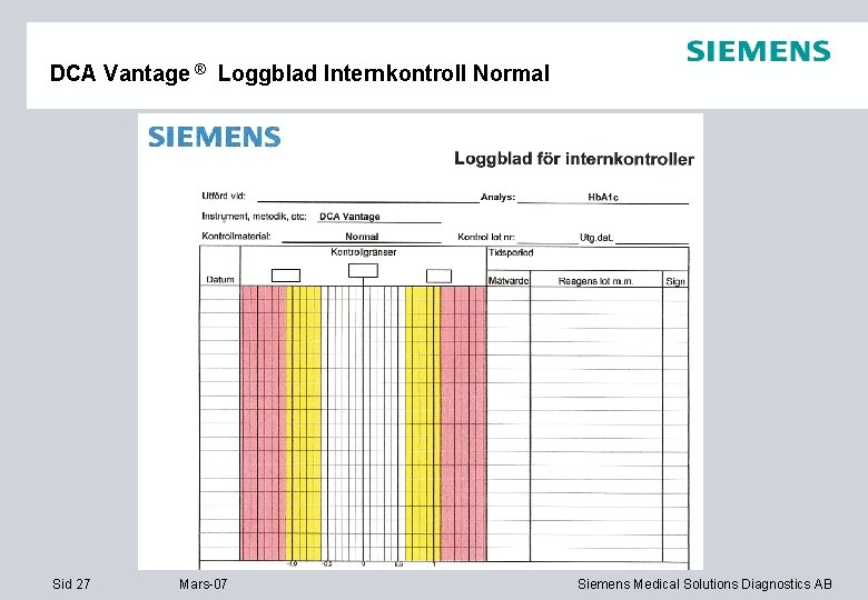 DCA Vantage ® Loggblad Internkontroll Normal Sid 27 Mars-07 Siemens Medical Solutions Diagnostics AB