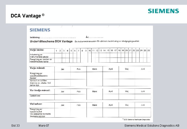 DCA Vantage ® Sid 33 Mars-07 Siemens Medical Solutions Diagnostics AB 