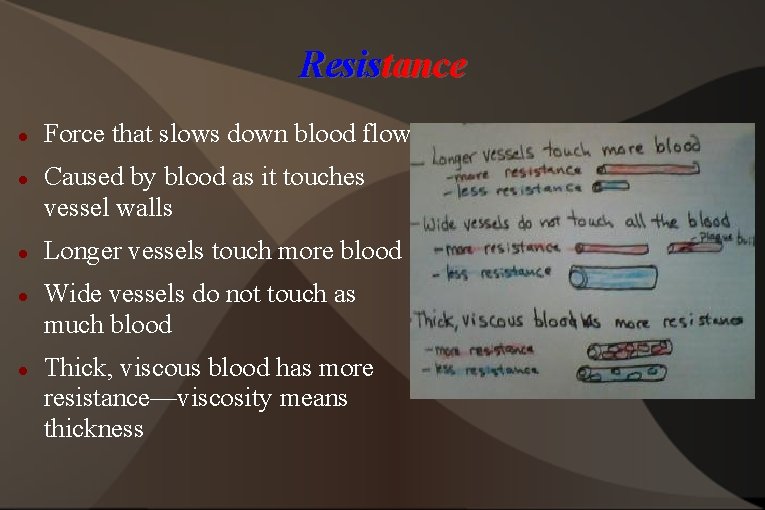 Resistance Force that slows down blood flow Caused by blood as it touches vessel