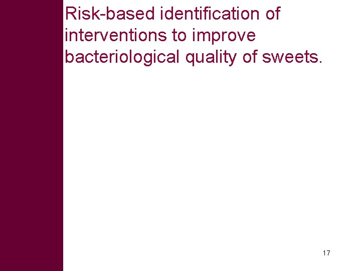 Risk-based identification of interventions to improve bacteriological quality of sweets. 17 