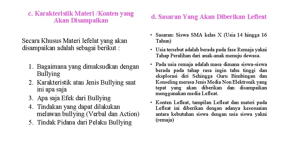 c. Karakteristik Materi /Konten yang Akan Disampaikan Secara Khusus Materi lefelat yang akan disampaikan