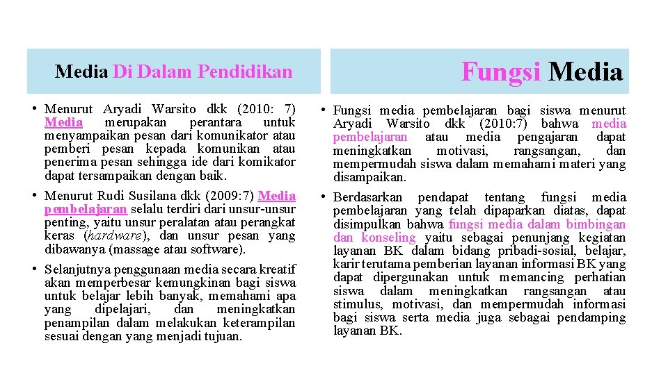 Media Di Dalam Pendidikan Fungsi Media • Menurut Aryadi Warsito dkk (2010: 7) Media