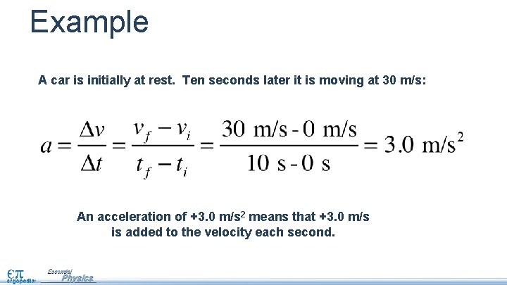 Example A car is initially at rest. Ten seconds later it is moving at