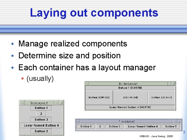 Laying out components • Manage realized components • Determine size and position • Each