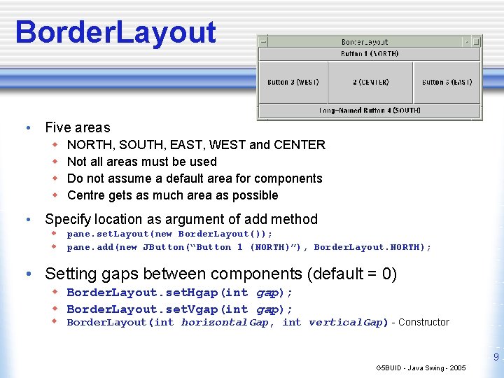 Border. Layout • Five areas w w NORTH, SOUTH, EAST, WEST and CENTER Not