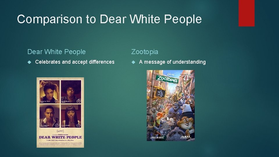Comparison to Dear White People Celebrates and accept differences Zootopia A message of understanding