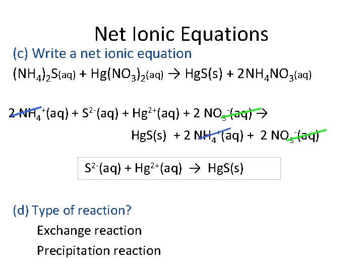 Net Ionic Equations (c) Write a net ionic equation (NH 4)2 S(aq) + Hg(NO