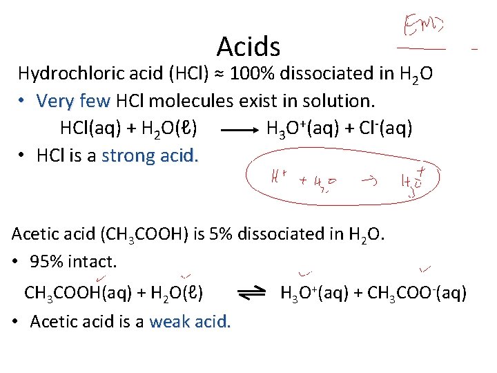 Acids Hydrochloric acid (HCl) ≈ 100% dissociated in H 2 O • Very few