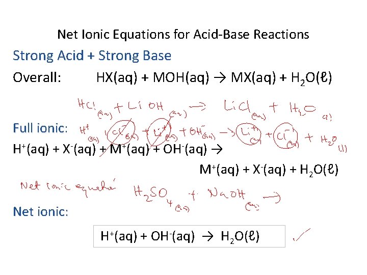 Net Ionic Equations for Acid-Base Reactions Strong Acid + Strong Base Overall: HX(aq) +