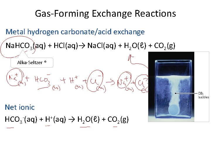 Gas-Forming Exchange Reactions Metal hydrogen carbonate/acid exchange Na. HCO 3(aq) + HCl(aq)→ Na. Cl(aq)