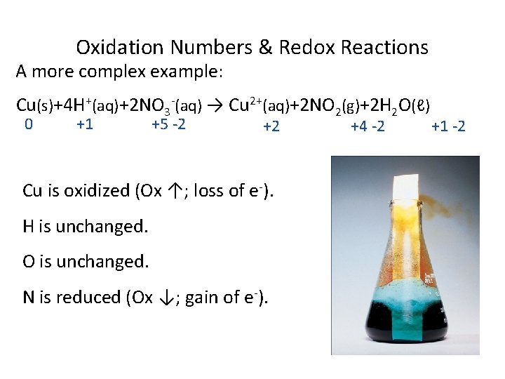 Oxidation Numbers & Redox Reactions A more complex example: Cu(s)+4 H+(aq)+2 NO 3 -(aq)