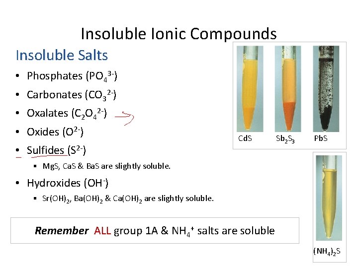 Insoluble Ionic Compounds Insoluble Salts • Phosphates (PO 43 -) • Carbonates (CO 32