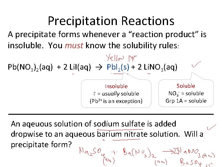 Precipitation Reactions A precipitate forms whenever a “reaction product” is insoluble. You must know