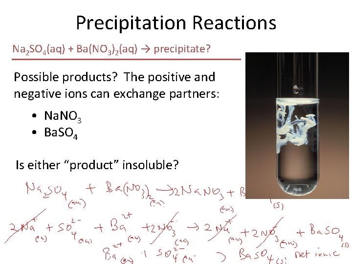 Precipitation Reactions Na 2 SO 4(aq) + Ba(NO 3)2(aq) → precipitate? Possible products? The