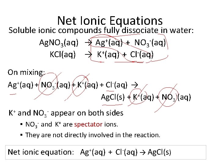 Net Ionic Equations Soluble ionic compounds fully dissociate in water: Ag. NO 3(aq) →