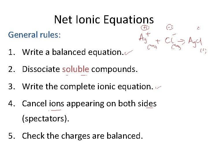 Net Ionic Equations General rules: 1. Write a balanced equation. 2. Dissociate soluble compounds.