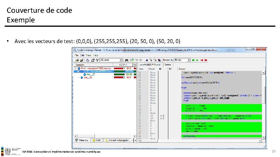 Couverture de code Exemple • Avec les vecteurs de test: (0, 0, 0), (255,