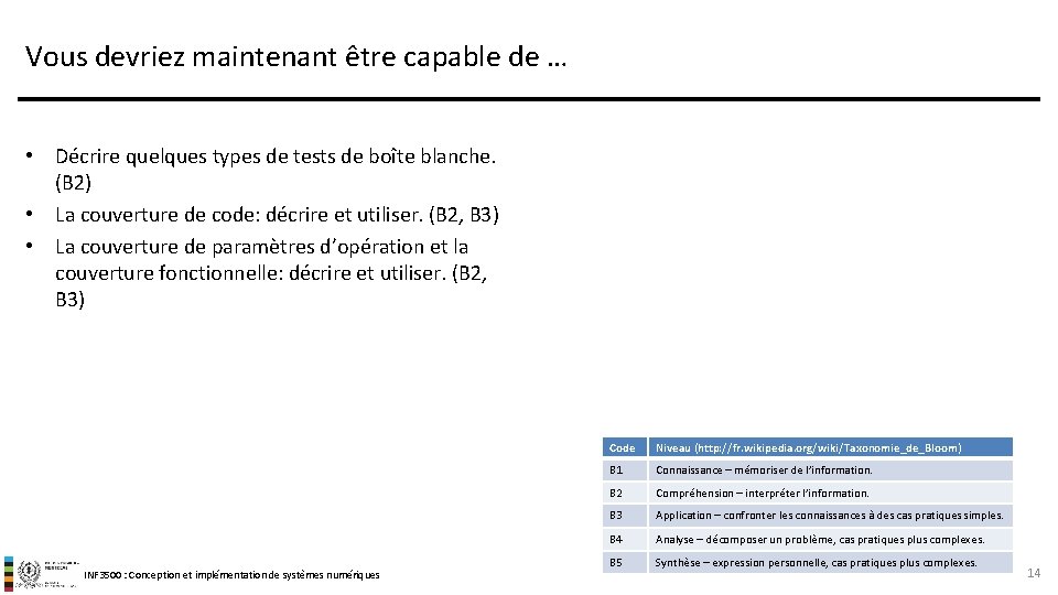 Vous devriez maintenant être capable de … • Décrire quelques types de tests de