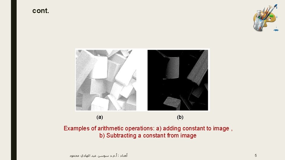 cont. (a) (b) Examples of arithmetic operations: a) adding constant to image , b)