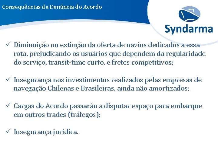 Consequências da Denúncia do Acordo ü Diminuição ou extinção da oferta de navios dedicados