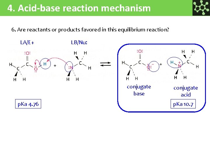 4. Acid-base reaction mechanism 6. Are reactants or products favored in this equilibrium reaction?