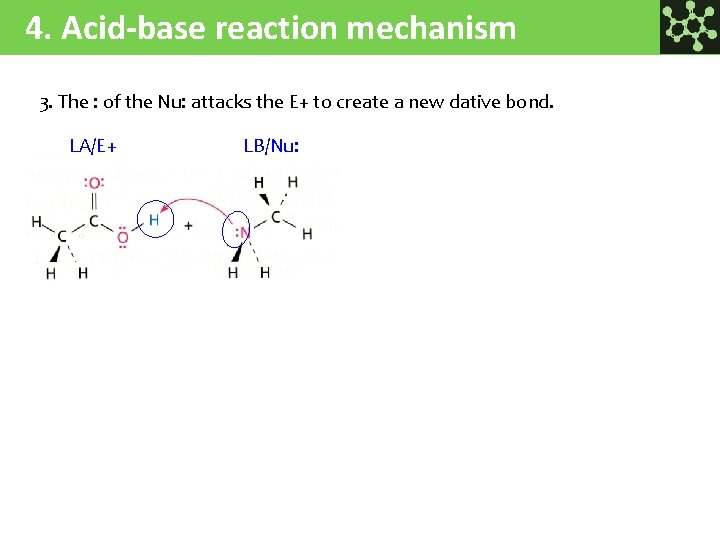 4. Acid-base reaction mechanism 3. The : of the Nu: attacks the E+ to