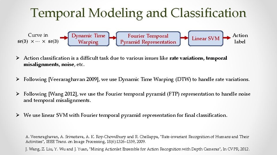 Temporal Modeling and Classification Dynamic Time Warping Fourier Temporal Pyramid Representation Linear SVM Action
