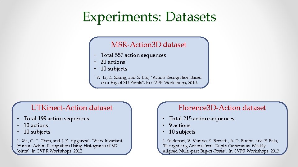 Experiments: Datasets MSR-Action 3 D dataset • Total 557 action sequences • 20 actions