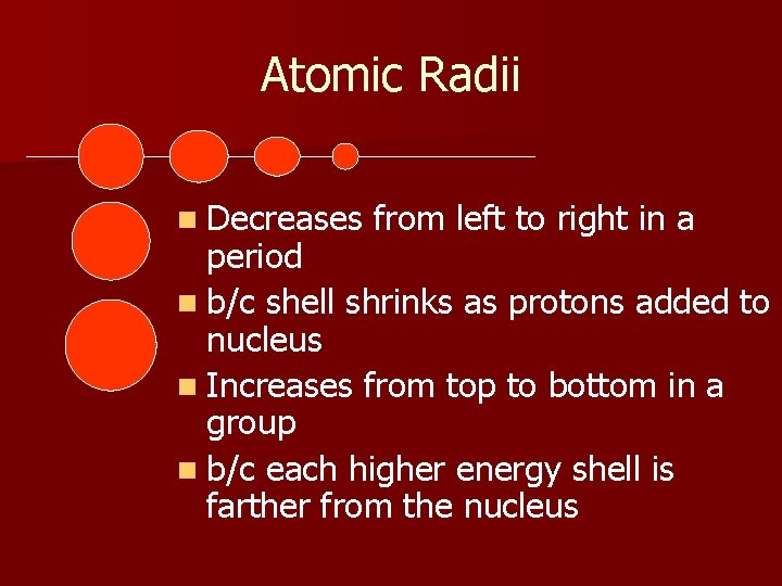 Atomic Radii n Decreases from left to right in a period n b/c shell