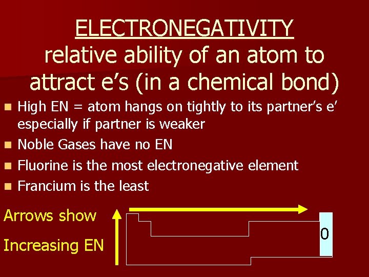 ELECTRONEGATIVITY relative ability of an atom to attract e’s (in a chemical bond) n