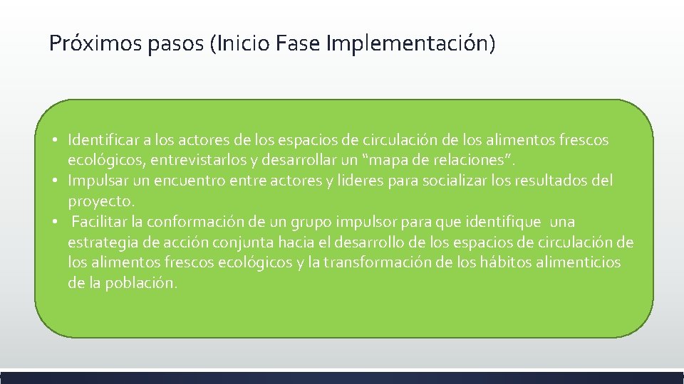 Próximos pasos (Inicio Fase Implementación) • Identificar a los actores de los espacios de Próximos pasos (Inicio Fase Implementación) • Identificar a los actores de los espacios de