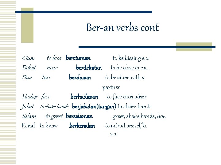 Ber-an verbs cont Cium to kiss berciuman to be kissing e. o. Dekat near