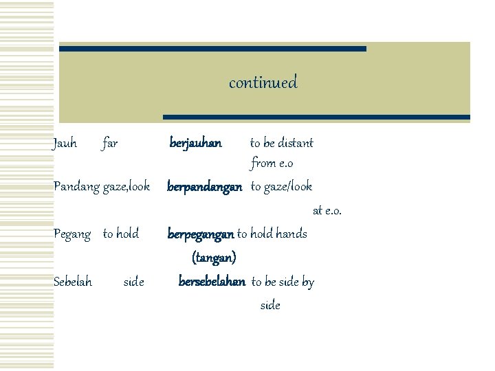 continued Jauh far berjauhan Pandang gaze, look Pegang to hold Sebelah side to be