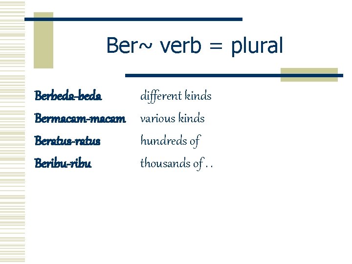 Ber~ verb = plural Berbeda-beda Bermacam-macam Beratus-ratus Beribu-ribu different kinds various kinds hundreds of