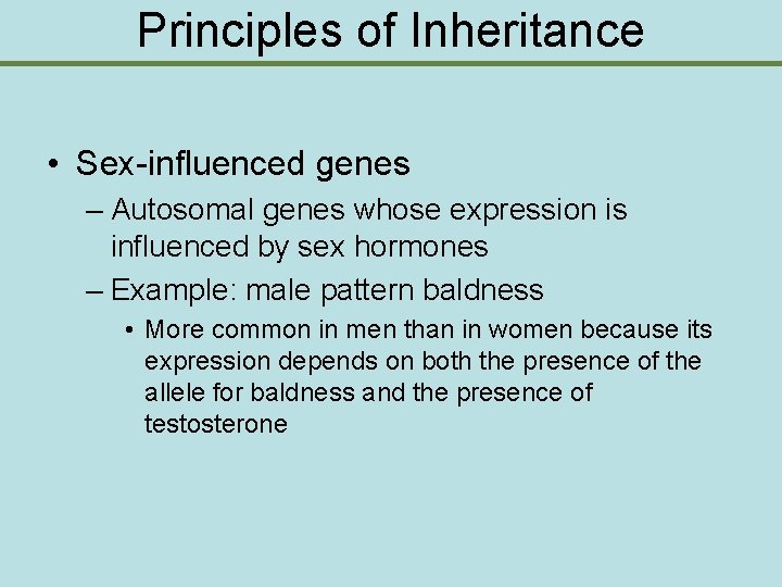 Principles of Inheritance • Sex-influenced genes – Autosomal genes whose expression is influenced by