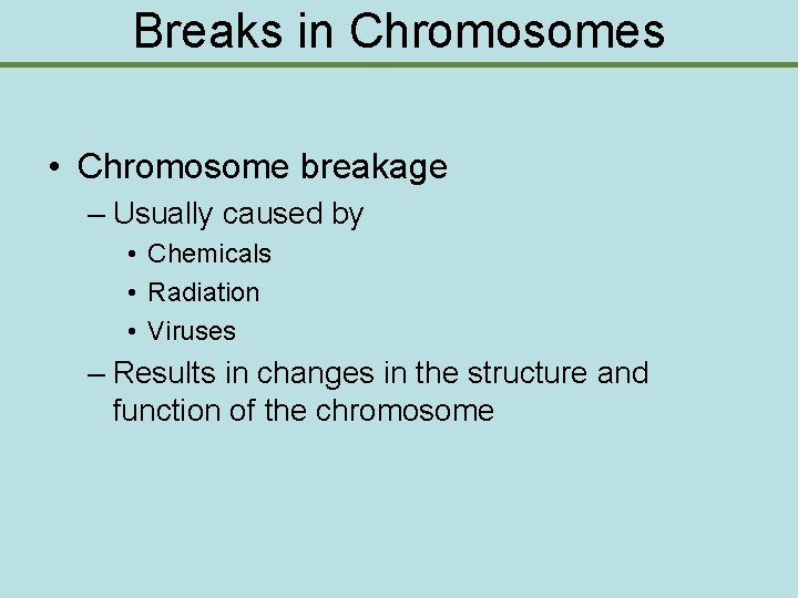 Breaks in Chromosomes • Chromosome breakage – Usually caused by • Chemicals • Radiation