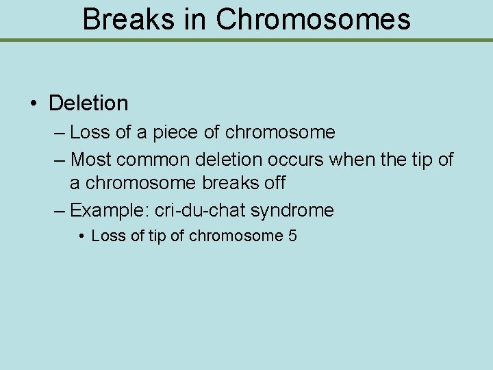 Breaks in Chromosomes • Deletion – Loss of a piece of chromosome – Most