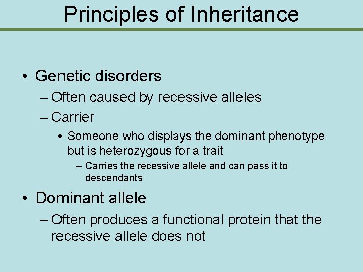 Principles of Inheritance • Genetic disorders – Often caused by recessive alleles – Carrier