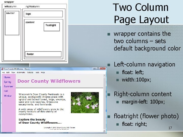 Two Column Page Layout n wrapper contains the two columns – sets default background