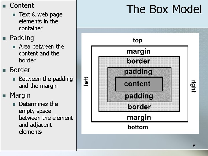 n Content n n Area between the content and the border Border n n