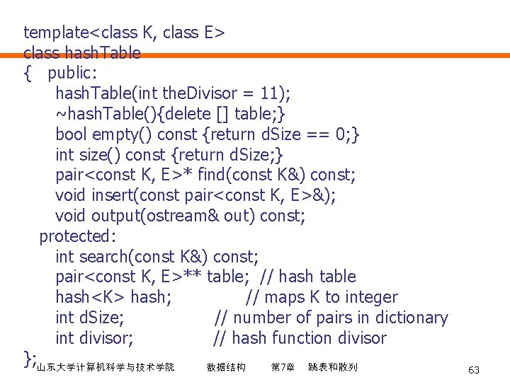 template<class K, class E> class hash. Table { public: hash. Table(int the. Divisor =