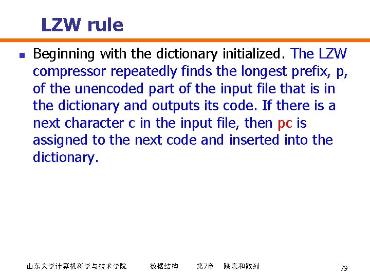 LZW rule n Beginning with the dictionary initialized. The LZW compressor repeatedly finds the