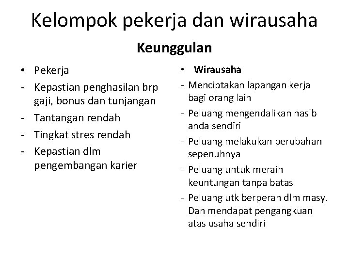 Kelompok pekerja dan wirausaha Keunggulan • Pekerja - Kepastian penghasilan brp gaji, bonus dan