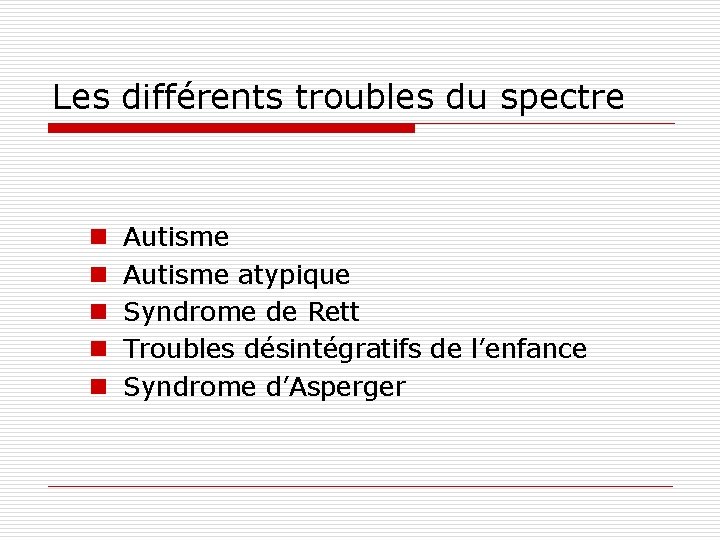 Les différents troubles du spectre n n n Autisme atypique Syndrome de Rett Troubles