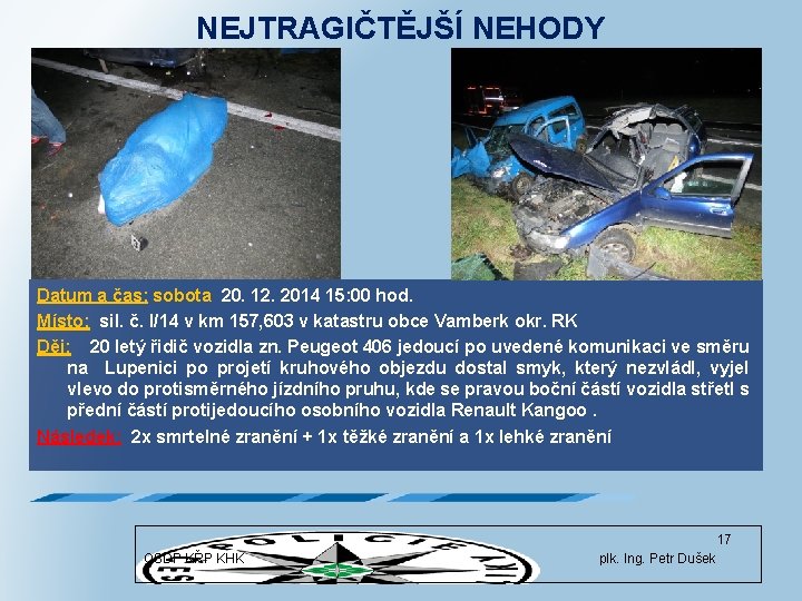 NEJTRAGIČTĚJŠÍ NEHODY Datum a čas: sobota 20. 12. 2014 15: 00 hod. Místo: sil.