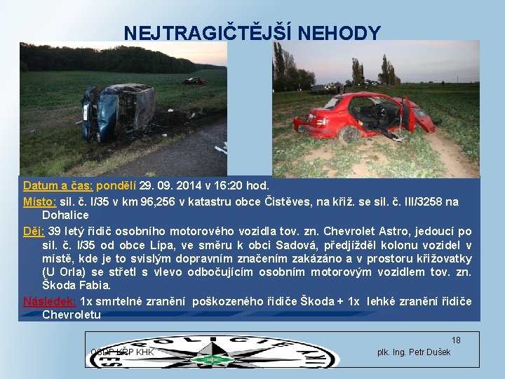 NEJTRAGIČTĚJŠÍ NEHODY Datum a čas: pondělí 29. 09. 2014 v 16: 20 hod. Místo: