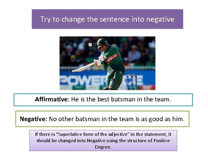 Try to change the sentence into negative Affirmative: He is the best batsman in